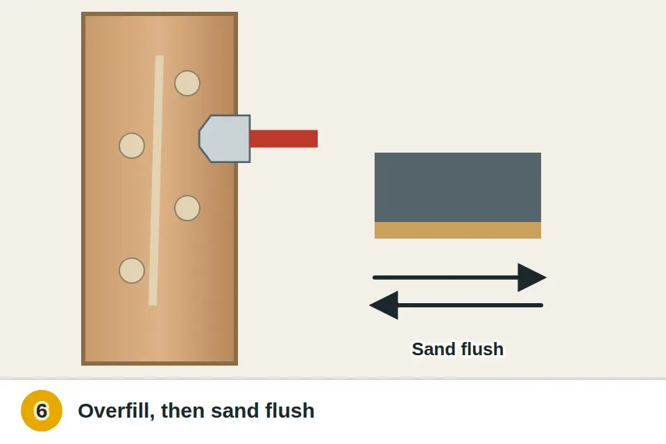 Wood filler pressed into the screw holes and the remaining crack, overfilled slightly, then sanded flush with a sanding block once dry