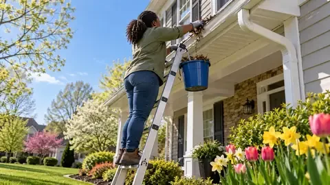 Homeowner on a ladder clearing leaves from a gutter on a spring morning with tulips below