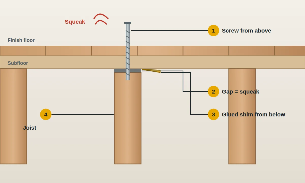 Floor cross-section: finish floor on a subfloor over joists, with a gap causing the squeak, a shim and a screw
