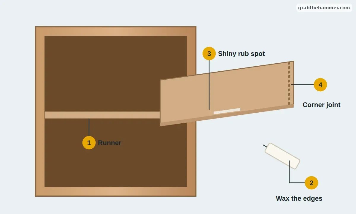 Cabinet with a wooden drawer pulled out, showing the runner it slides on, a shiny rub spot, a candle waxing its edge and a corner joint