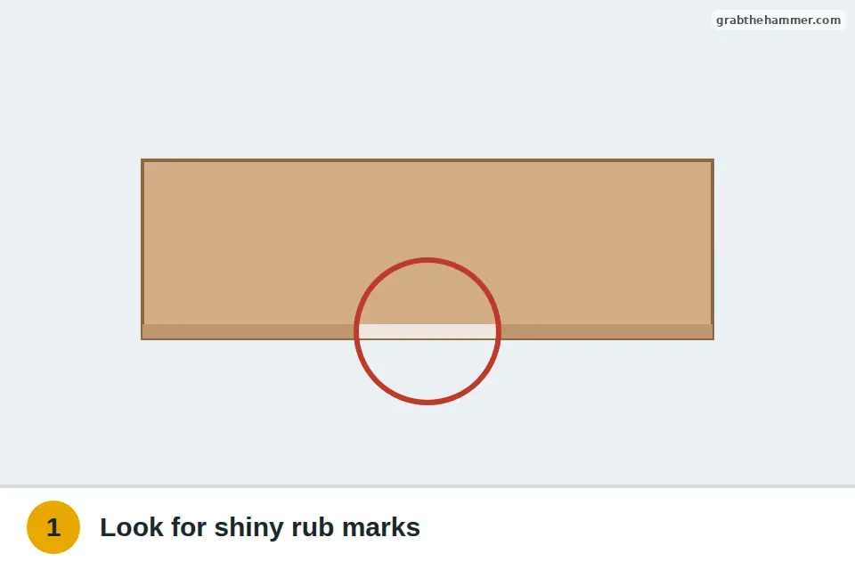 Wooden drawer pulled out and turned over to look for shiny worn spots on its bottom edges