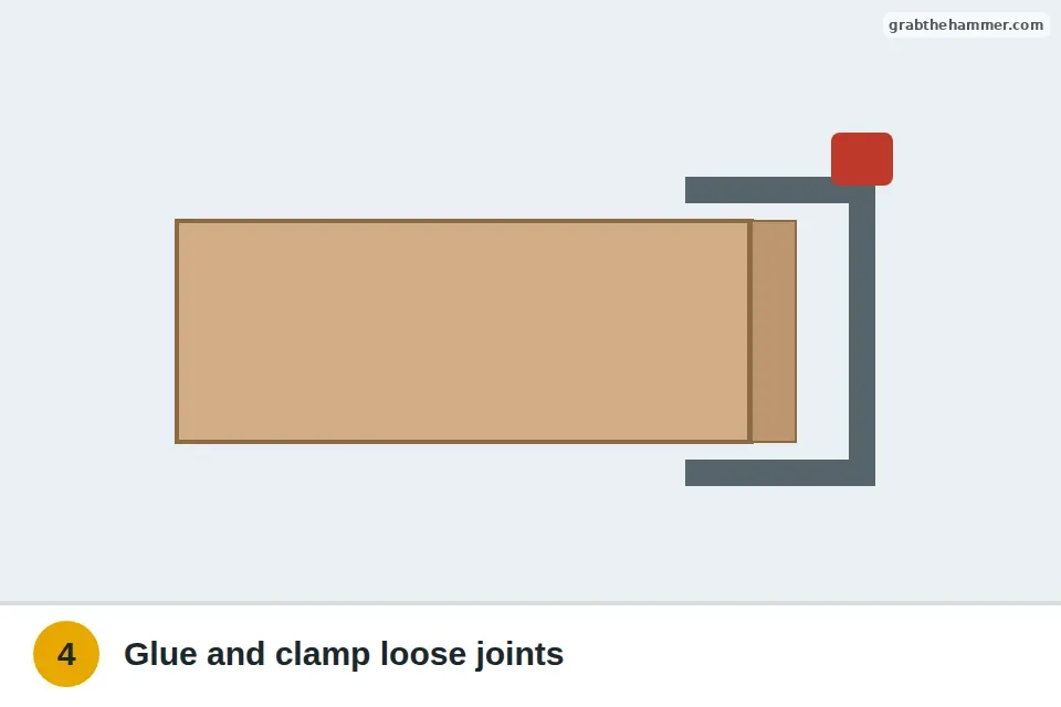 Clamp holding a glued corner joint of a wooden drawer while it dries