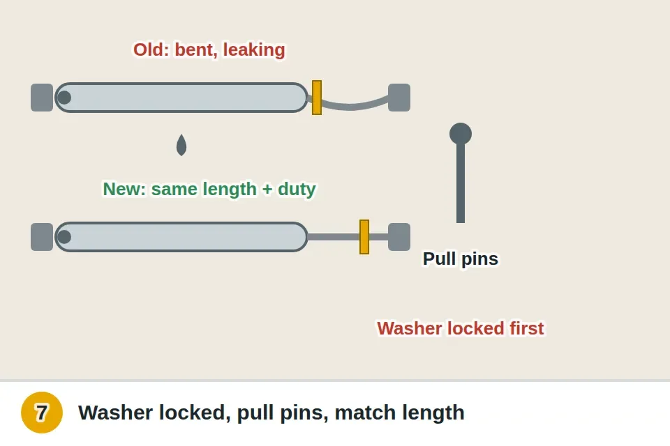 Door held open with the hold-open washer locked before pulling the pins from both brackets, an old closer leaking oil with a bent rod, and a new closer of the same length and duty rating pinned into the same brackets