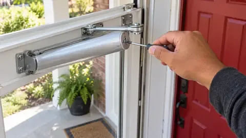 Turning the adjusting screw on the end of a storm door's pneumatic closer