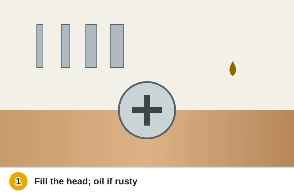 Several screwdriver bits held up to a screw head to find the one that fills the recess best, with a drop of penetrating oil on a rusty screw