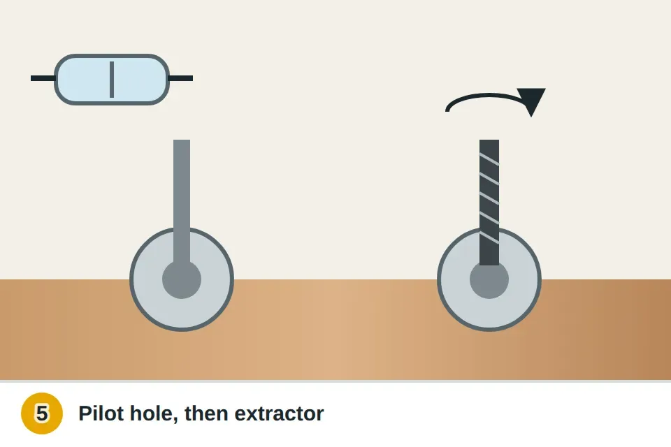 Drill making a small pilot hole in a stripped screw head, then a screw extractor biting in and backing the screw out counterclockwise