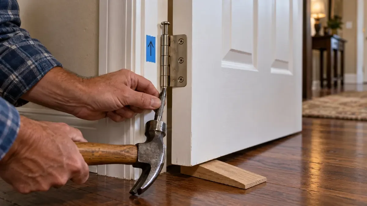 A hammer tapping a hinge pin up out of the bottom hinge of an interior door, with a wedge under the door