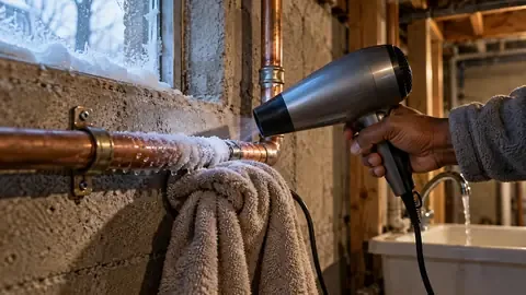 A hair dryer warming a frosty copper pipe along a cold wall, with the faucet open and a towel under the pipe
