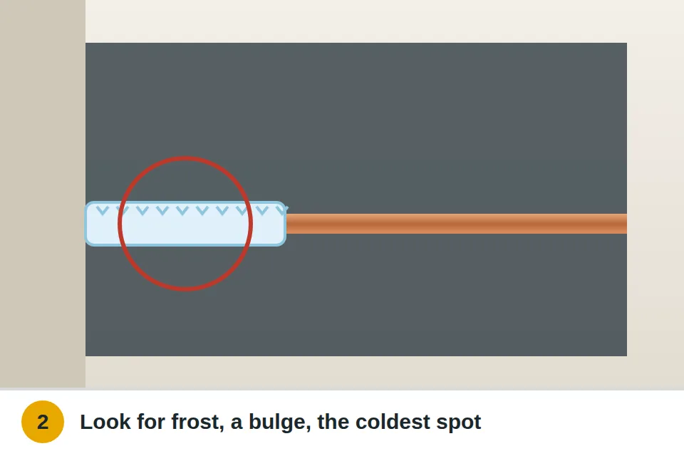 Frost on a copper pipe inside an open sink cabinet on an outside wall