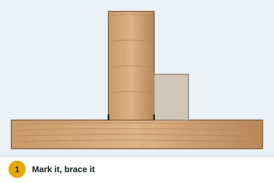 Stud set on its pencil mark with a scrap block clamped behind it so it can't slide