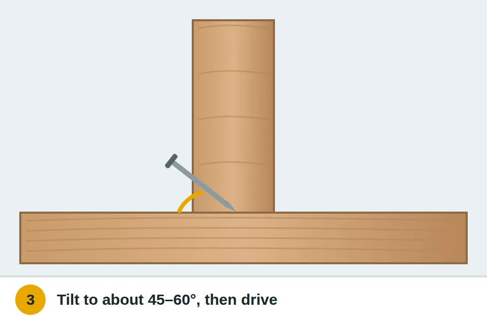 Nail tilted to about 45 to 60 degrees and driven down through the stud into the plate