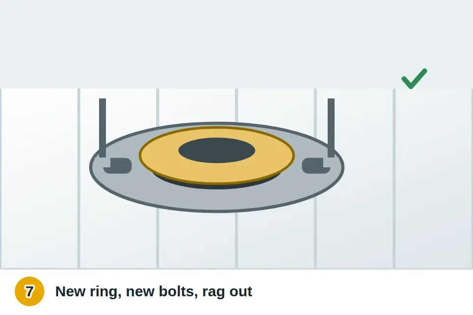 New wax ring set on the clean flange with new closet bolts standing up in the slots