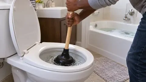 Plunging a toilet with a flange plunger while the tub drain behind it bubbles