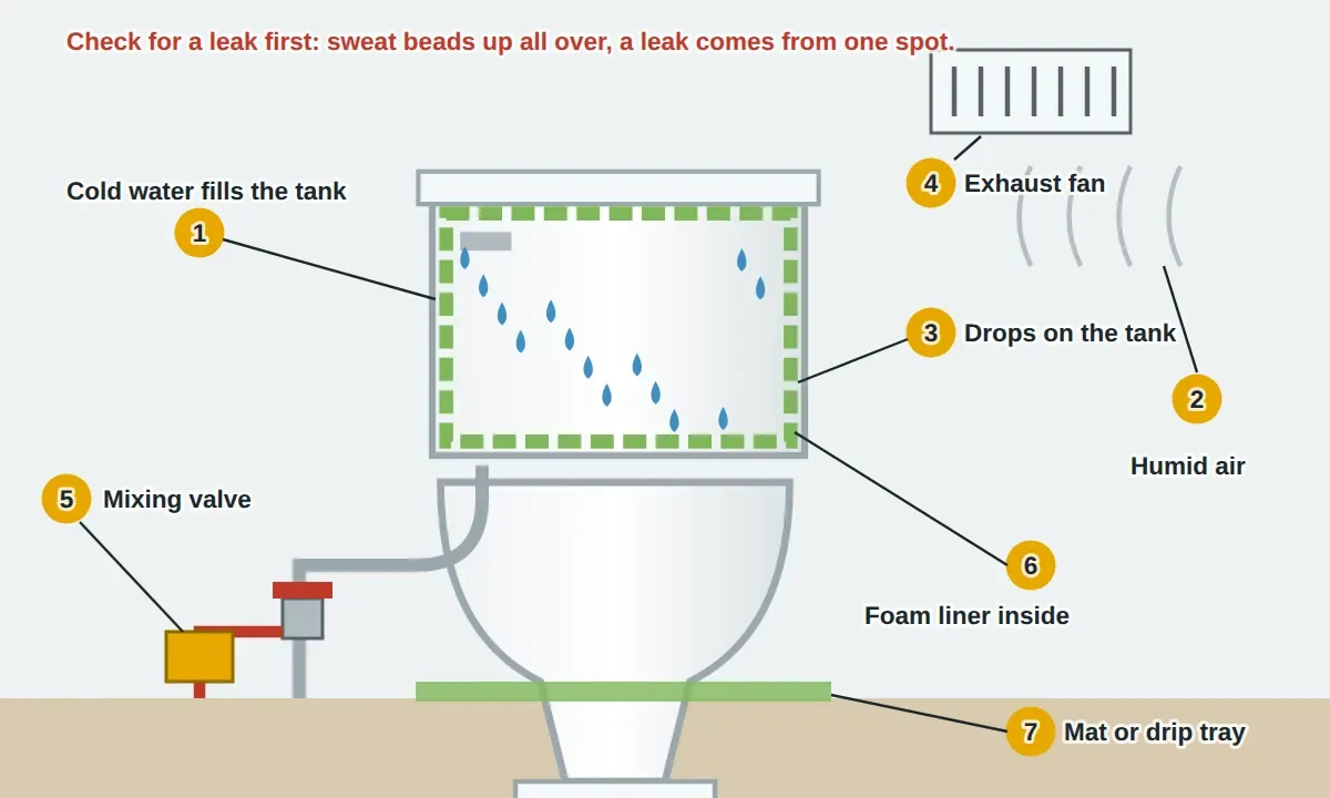 Side view of a toilet in a bathroom: cold water from the supply line fills the tank, warm humid air from a shower meets the cold porcelain and condenses into drops that run down to the floor. Labels show the exhaust fan that removes humid air, foam liner panels inside the tank, an anti-sweat mixing valve teeing warm water into the supply, the shutoff valve, and a drip tray under the tank.