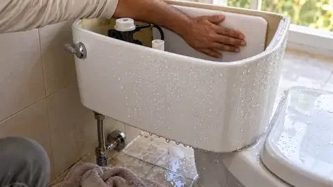 Pressing foam insulation inside a toilet tank that's beaded with condensation outside