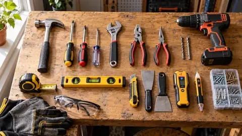 A starter set of homeowner tools laid out in rows on a wooden workbench