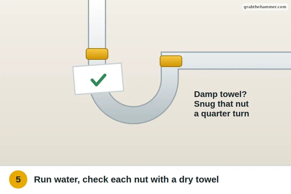 Dry paper towel held under each slip nut while water runs to check for drips