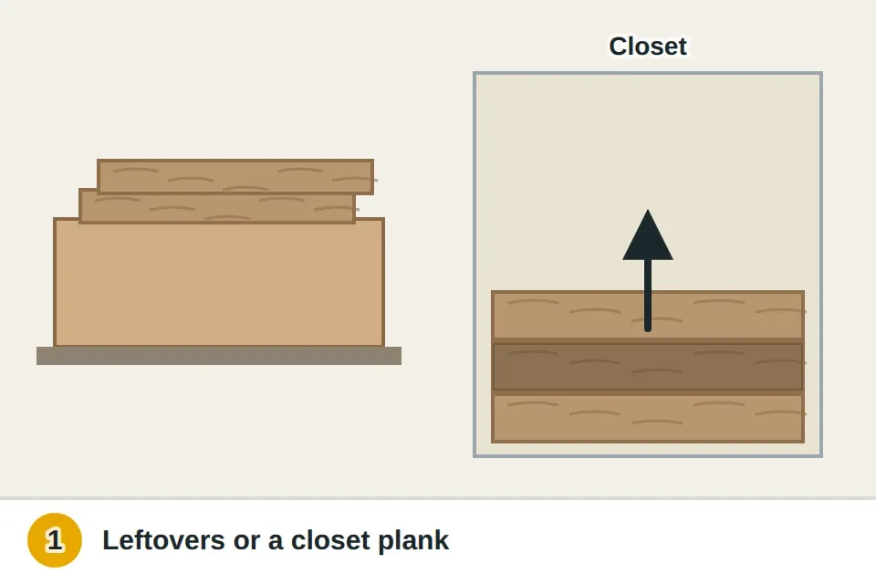 Box of leftover vinyl planks on a garage shelf and a plank being taken from inside a closet floor