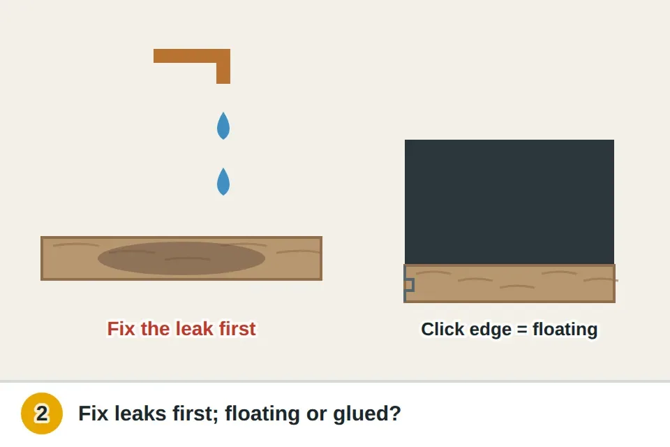 Swollen, water-stained vinyl plank with a drip from a pipe above it marked to fix first, and a floor vent lifted to show the click edges of a floating floor