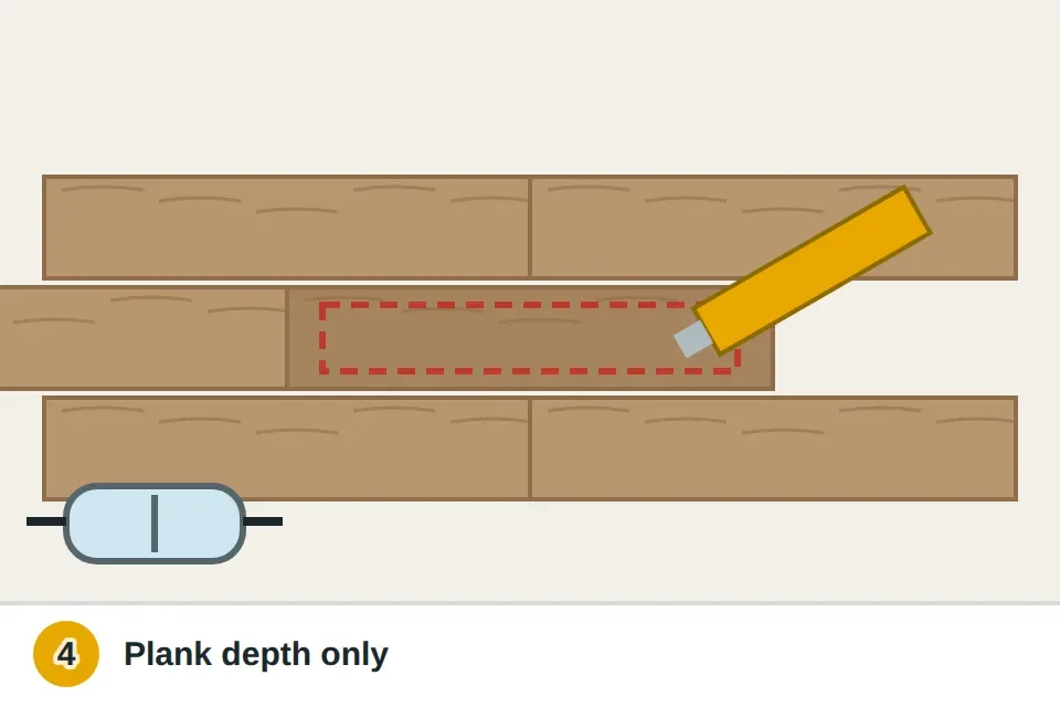 Oscillating multi-tool cutting along a line about an inch inside the edges of a damaged vinyl plank, with relief cuts toward the corners and safety glasses beside it