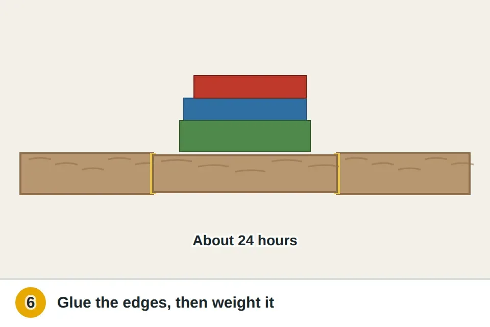 Bead of adhesive run along the top of the neighboring planks' locking edges, the new plank pressed in, and stacked books weighting it down