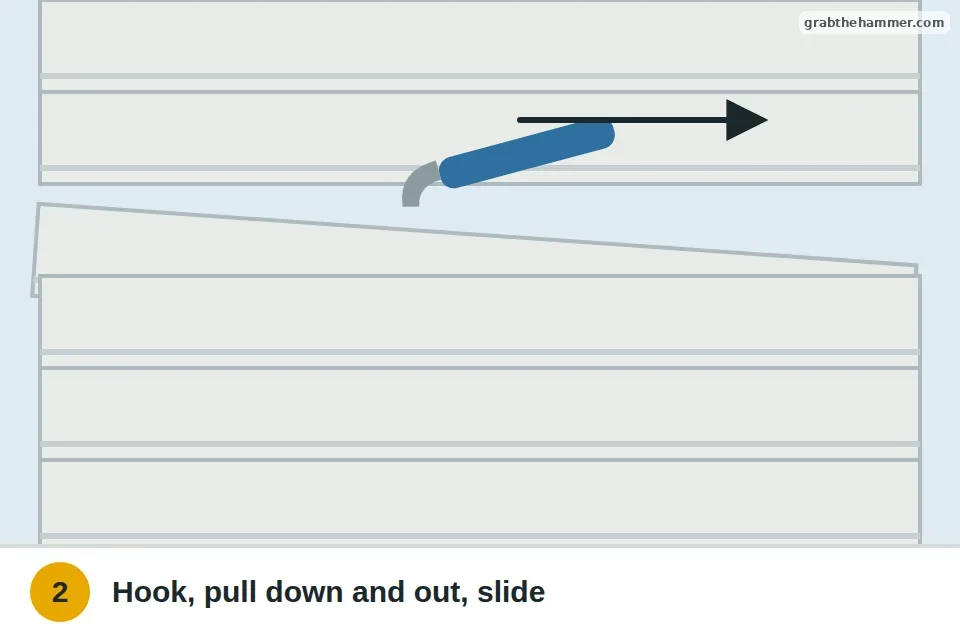 Siding zip tool hooked under the row above the loose piece and pulled along to unlock it