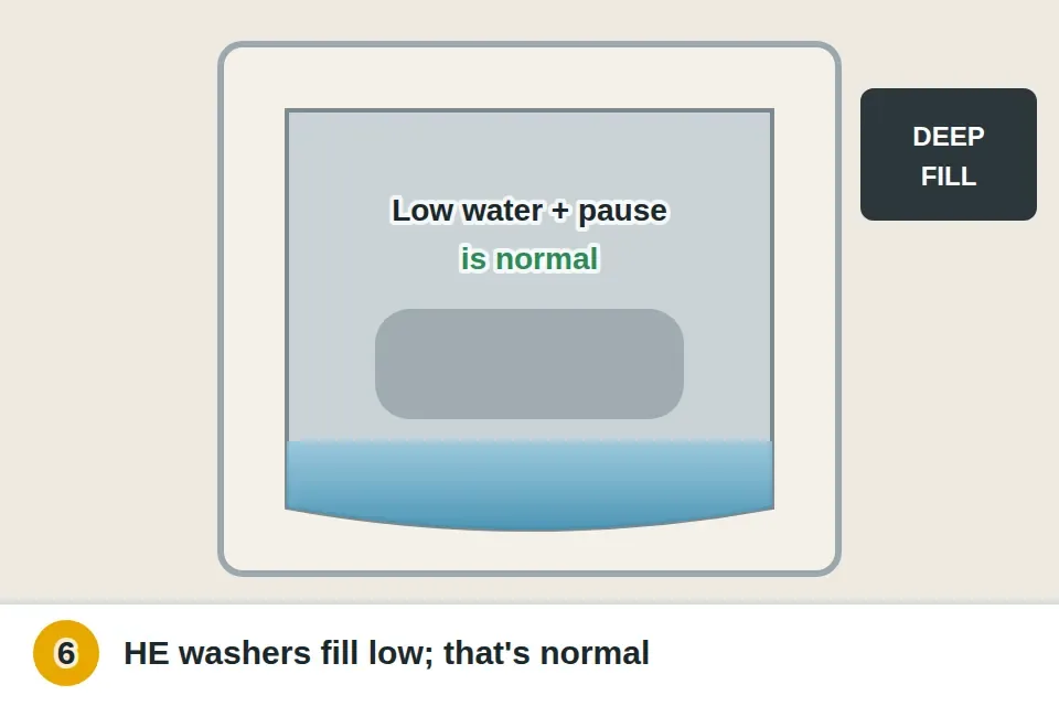 High-efficiency washer tub with water covering only the bottom while it senses the load, which is normal, with a deep-fill setting as an option