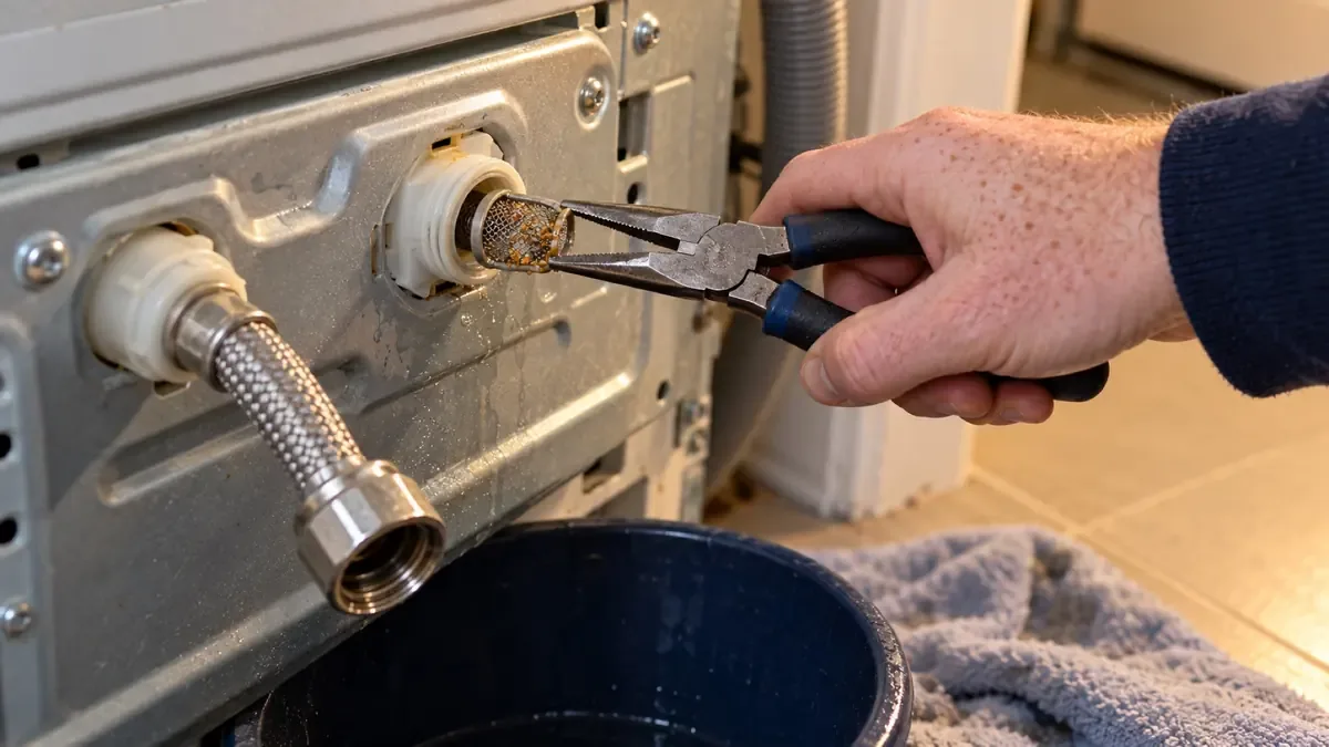 Pulling a clogged inlet filter screen out of the back of a washer with needle-nose pliers