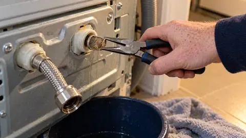Pulling a clogged inlet filter screen out of the back of a washer with needle-nose pliers