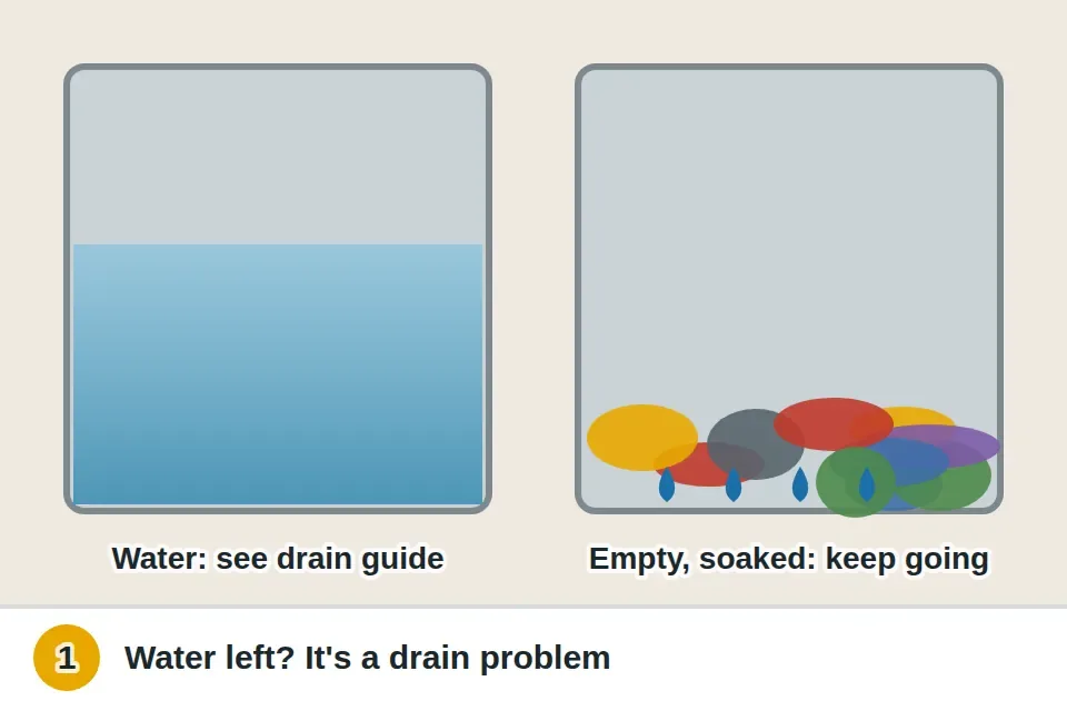Two washer drums side by side: one still holding water after the cycle, one empty with soaked clothes