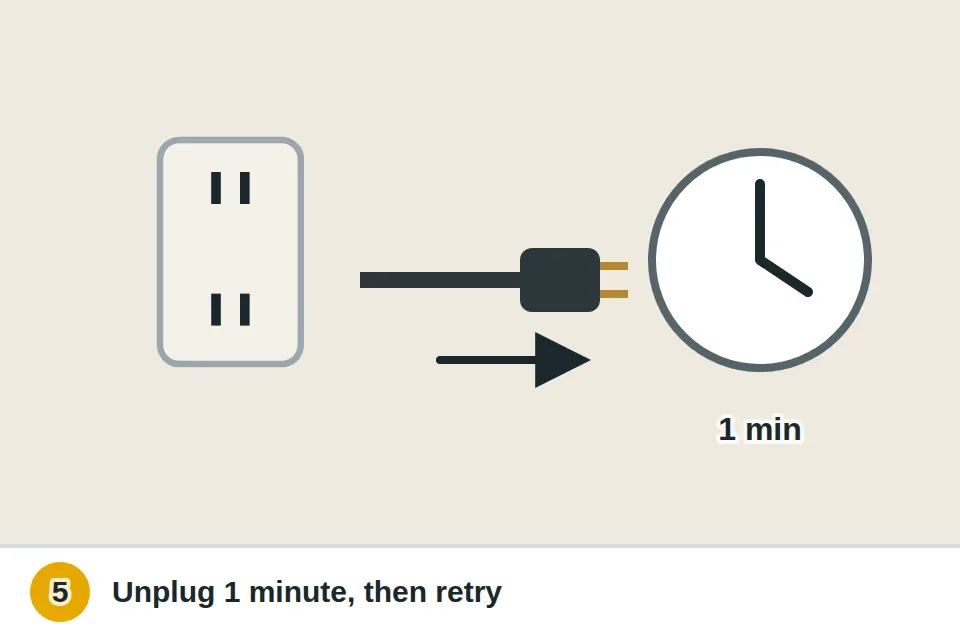 Washer power plug pulled from the wall outlet for one minute before plugging it back in