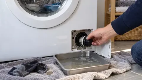 A hand unscrewing the drain pump filter at the bottom of a front-load washer, draining water into a pan on towels