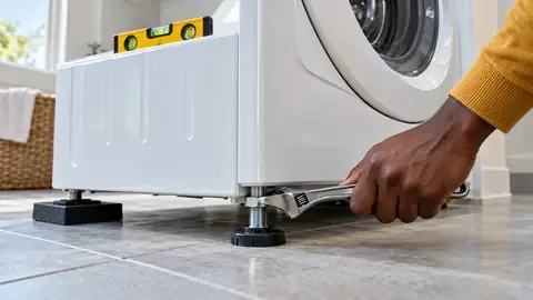 A wrench adjusting a front leveling foot on a washing machine, with a level on top and a rubber pad under the other foot