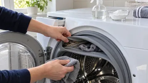 Hands pulling back the rubber door gasket of a front-load washer to wipe out the fold, with vinegar and baking soda on top