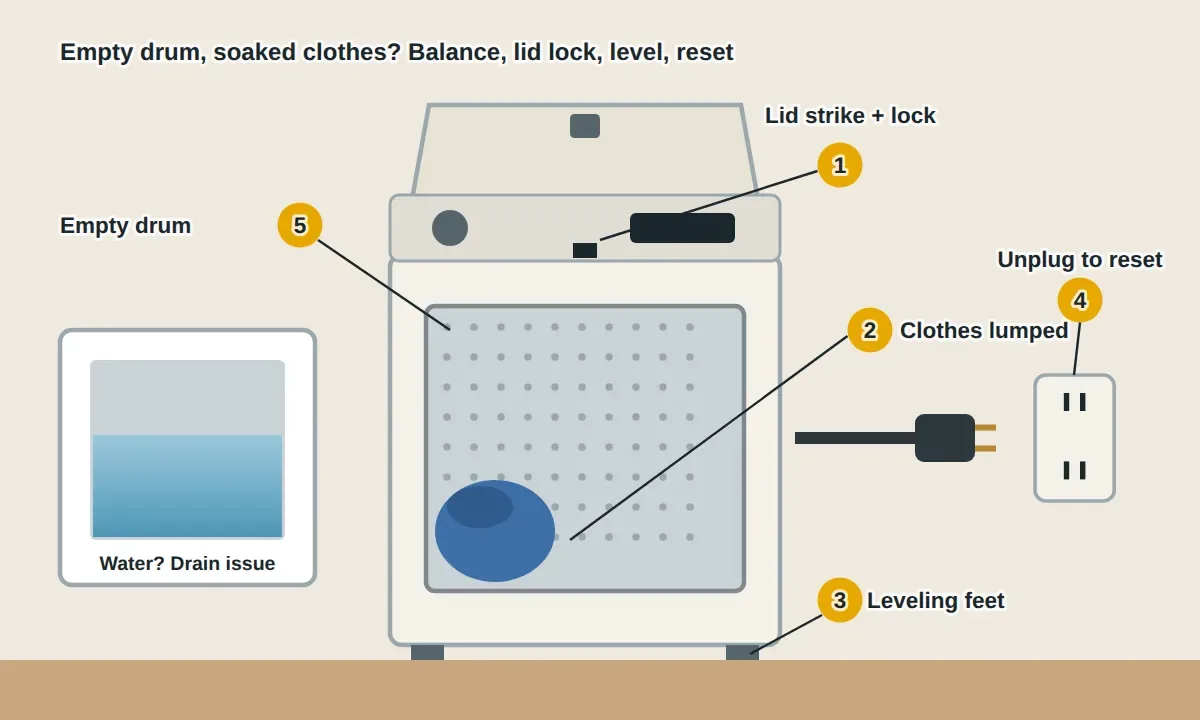 Cutaway of a top-loading washing machine after a cycle: an empty drum with soaked clothes in a lump on one side, the lid strike on the lid and the lock slot it clicks into, the leveling feet under the cabinet, and the power plug used to reset it. An inset shows water left in the drum, which means a drain problem instead.