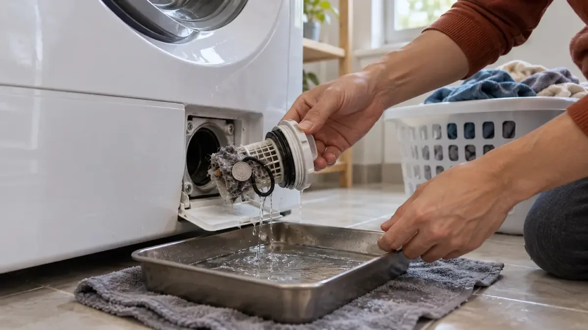 Unscrewing a front-load washer's drain pump filter over a pan, with lint and a coin caught in it
