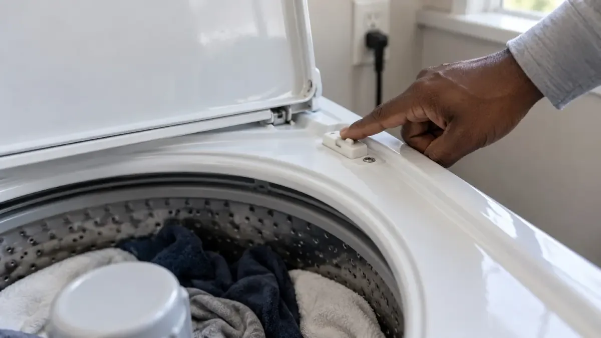Pressing the lid switch on a top-load washer to check that it clicks