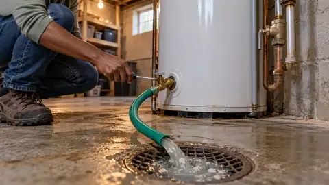 Draining sediment from a water heater through a garden hose into a basement floor drain