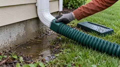 Attaching a green flexible downspout extension to carry roof water away from the foundation