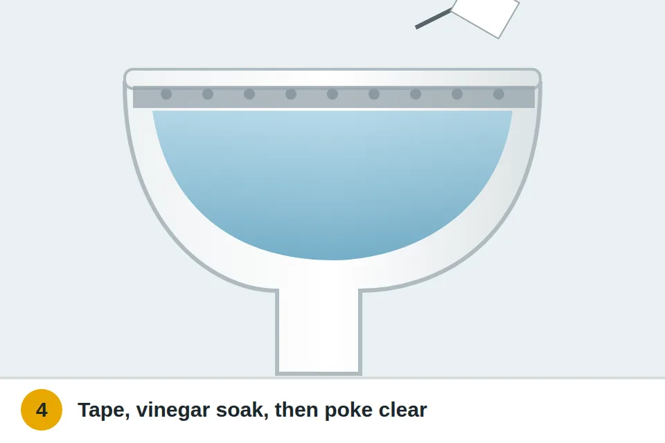 Duct tape over the rim holes and vinegar poured down the overflow tube, then wire poking the holes clear