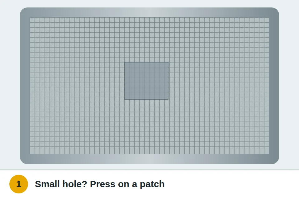 Self-adhesive patch pressed over a small hole in window screen mesh