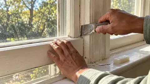A putty knife cutting through a line of old paint between a wood window sash and its stop molding