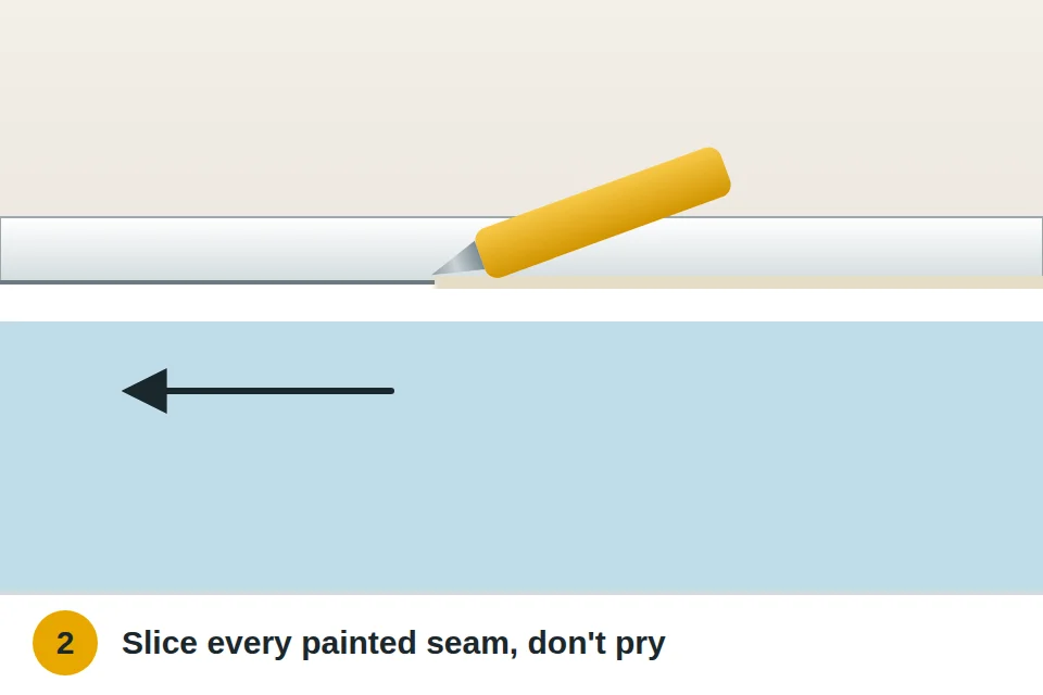 Utility knife drawn along the painted seam between the window sash and frame