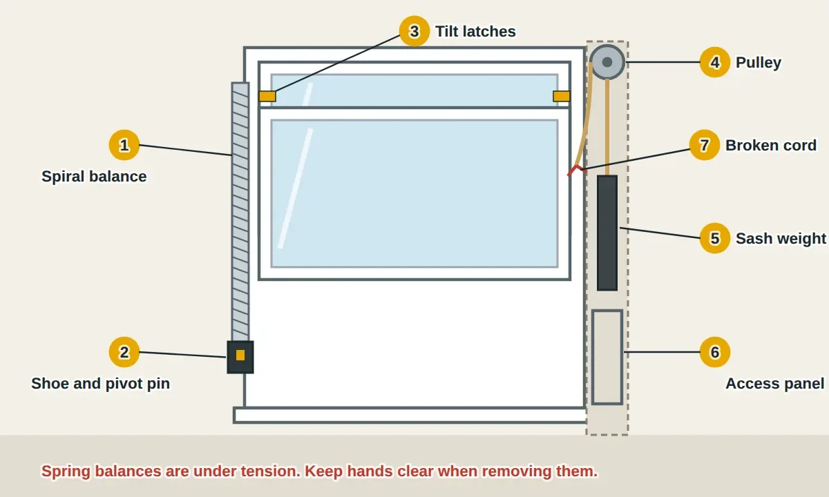 Front view of a double-hung window with the lower sash raised, showing the two kinds of support. On the left, a modern tilt-in window: a spiral balance tube in the side track connected to a shoe that holds the sash's pivot pin, and the tilt latches on top of the sash. On the right, an older wood window with the stop molding removed: a sash cord running over a pulley at the top of the frame to a cast iron weight hanging in the pocket behind the access panel, with a broken cord shown.