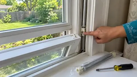 Pointing to the balance shoe in the side track of a tilted-in double-hung window sash