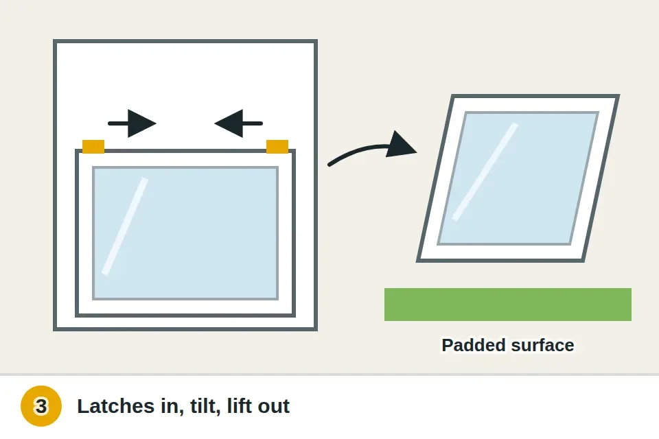 Bottom sash raised a few inches with the tilt latches on top slid toward the center, tilted inward, then lifted out of its shoes and set on a padded surface with a helper holding it