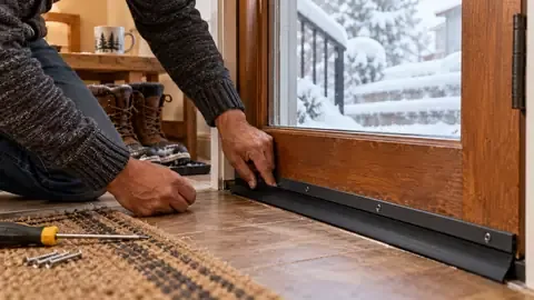Fitting a new door sweep on an exterior door with snow visible outside