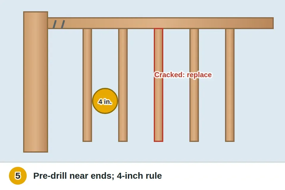 Top rail pulled away from a post re-fastened with exterior deck screws through pre-drilled holes near the board end, a cracked baluster replaced, and a 4-inch ball unable to pass between balusters