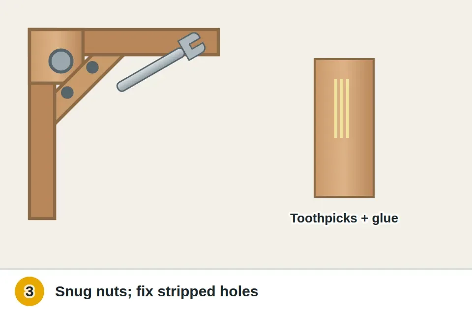 Wrench snugging the nut on a hanger bolt at a table corner, a screwdriver tightening the corner block screws, and toothpicks glued into a stripped screw hole