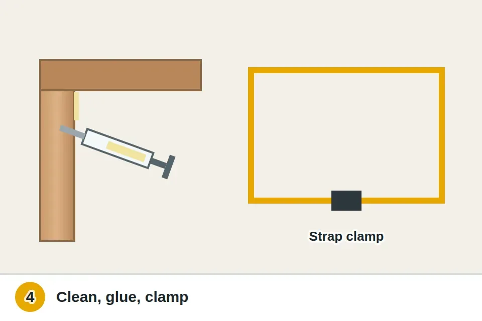 Loose leg joint tapped apart with a rubber mallet, old glue scraped off, fresh wood glue applied, and a strap clamp pulling the apron tight while it cures